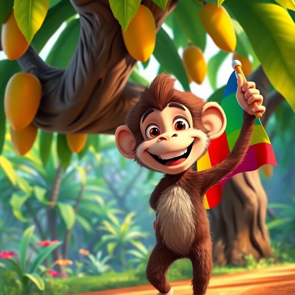 A happy monkey, Max, with brown fur and a bright smile, standing under a big mango tree, holding a colorful flag, excited for his jungle race, bright and vibrant jungle background, cheerful atmosphere, digital art, playful style, high quality
