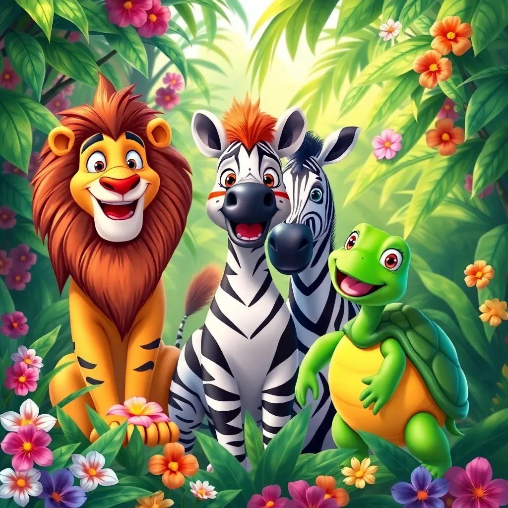 A group of jungle animals, Leo the lion, Zara the zebra, and Tilly the turtle, gathered around Max, all smiling and looking enthusiastic, lush green jungle setting with flowers, friendly and welcoming vibes, colorful illustration, bright colors, high quality
