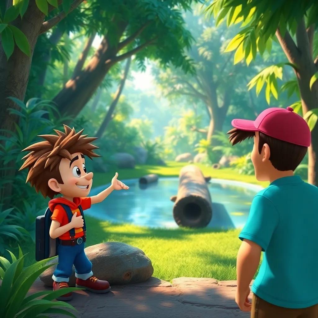 Max and his friends discussing the race route with excitement, pointing towards a big pond and logs in the distance, vibrant jungle scenery with sunlight filtering through leaves, engaging scene, cheerful expressions, digital painting, lively colors, high quality