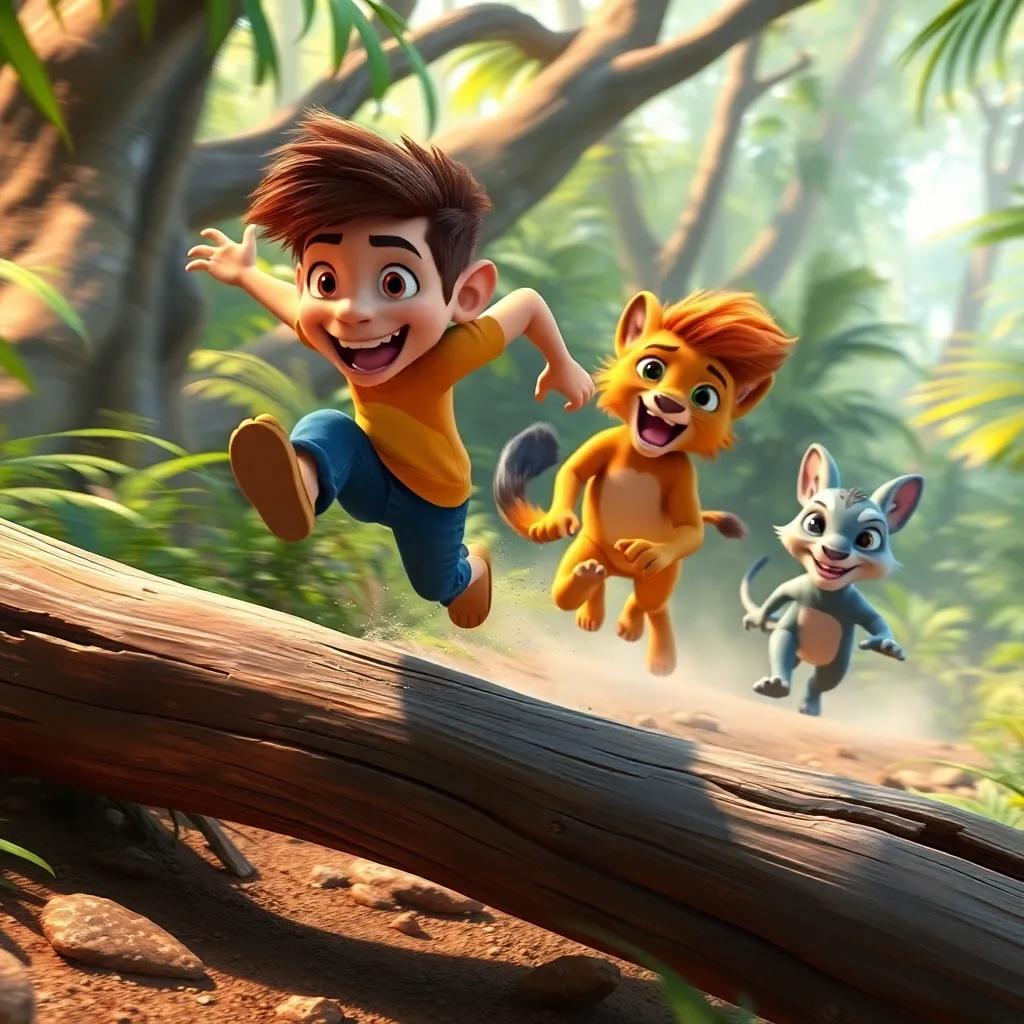 Max leading the race, jumping over a log with excitement, Leo running alongside him, Zara in the background, and Tilly steadily moving, dynamic action shot, colorful jungle setting with motion effects, high quality