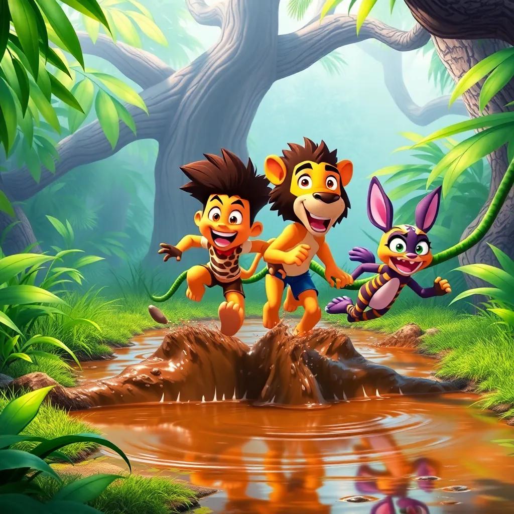 A vibrant jungle race scene, with Max, Zara, Leo, and Tilly running together, crossing a muddy puddle using a vine, teamwork and determination in their expressions, dynamic cartoon style, bright and fun atmosphere, high-quality illustration