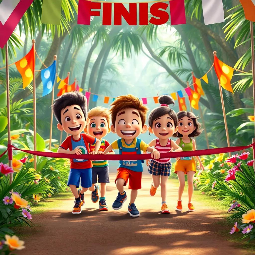 Max and his friends at the finish line, all crossing together, joyful expressions as they celebrate, colorful flags waving in the background, lush jungle setting filled with flowers and sunlight, heartwarming gathering, vibrant colors, digital art, high quality