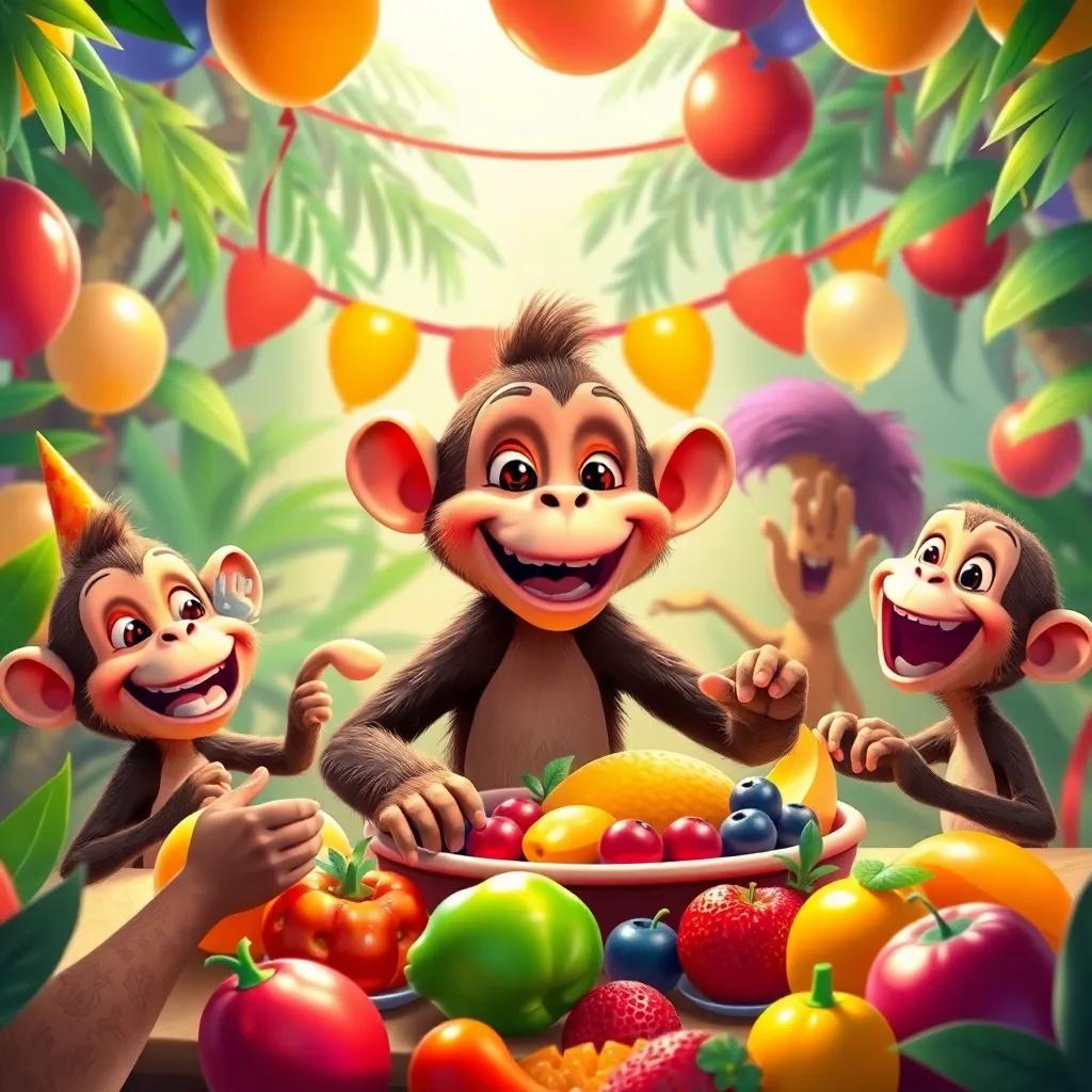 A celebratory scene with Max the monkey and his friends enjoying a feast of fruits, dancing and laughing together, a colorful jungle backdrop with balloons and decorations, joyful and festive atmosphere, bright colors, digital painting, warm imagery