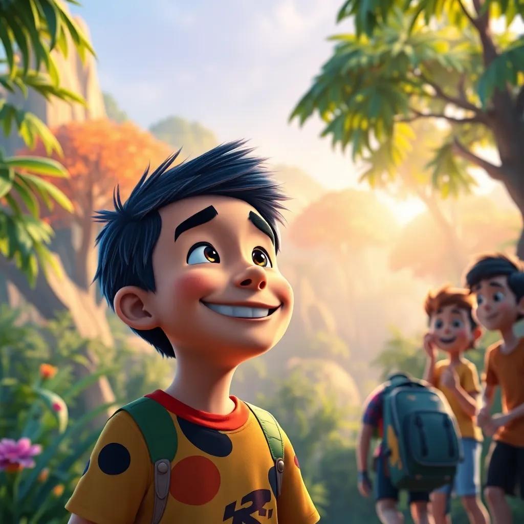 Max smiling while reflecting on the race, colorful jungle scenery in the background, his friends cheering him on, a heartwarming scene of friendship and joy, gentle light shining through trees, nostalgic and uplifting, vibrant colors, digital illustration, high quality