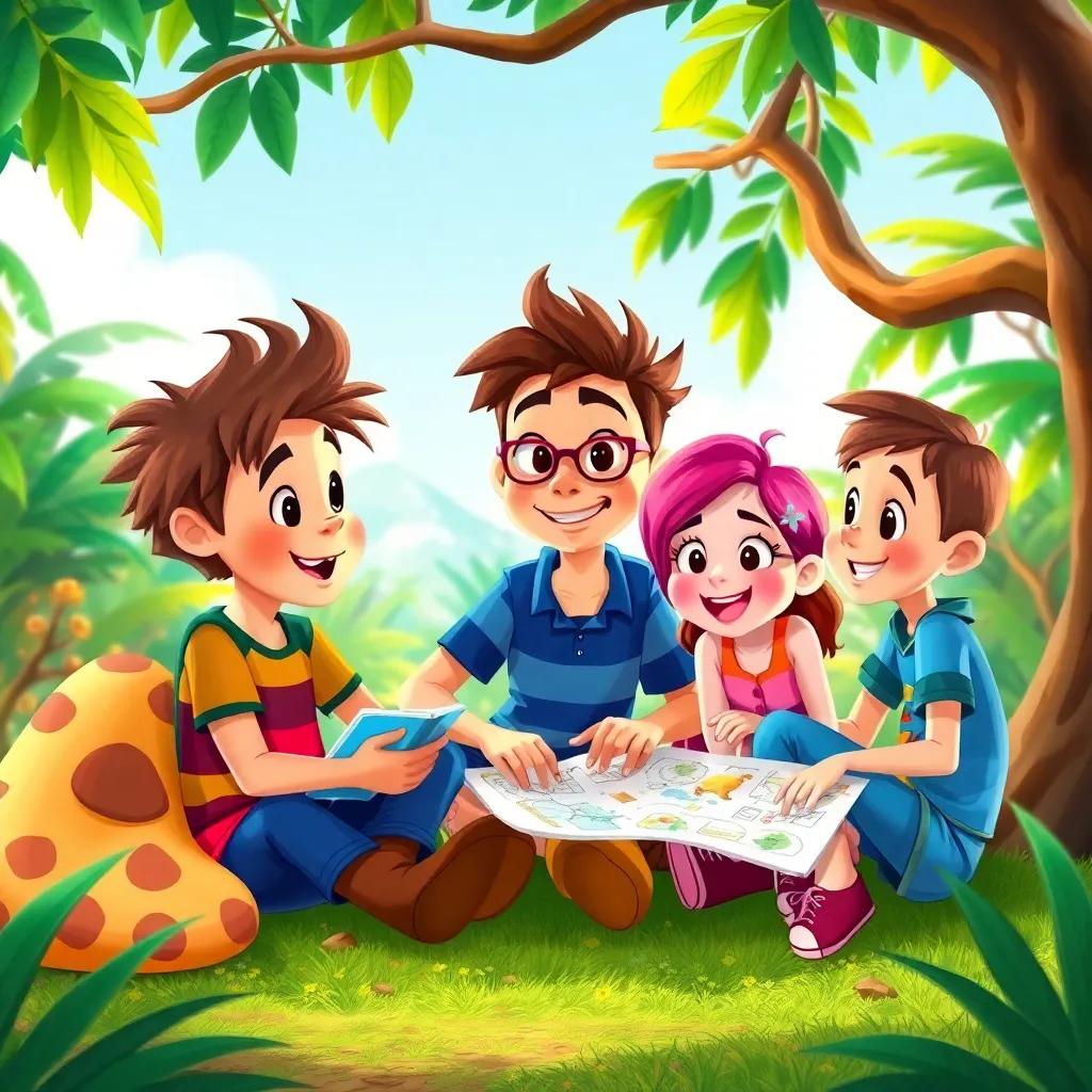 Max and his friends planning their next adventure, sitting together under a tree, full of excitement and ideas, colorful sketches and maps in front of them, vibrant and lively jungle environment, playful and imaginative, digital art, high quality