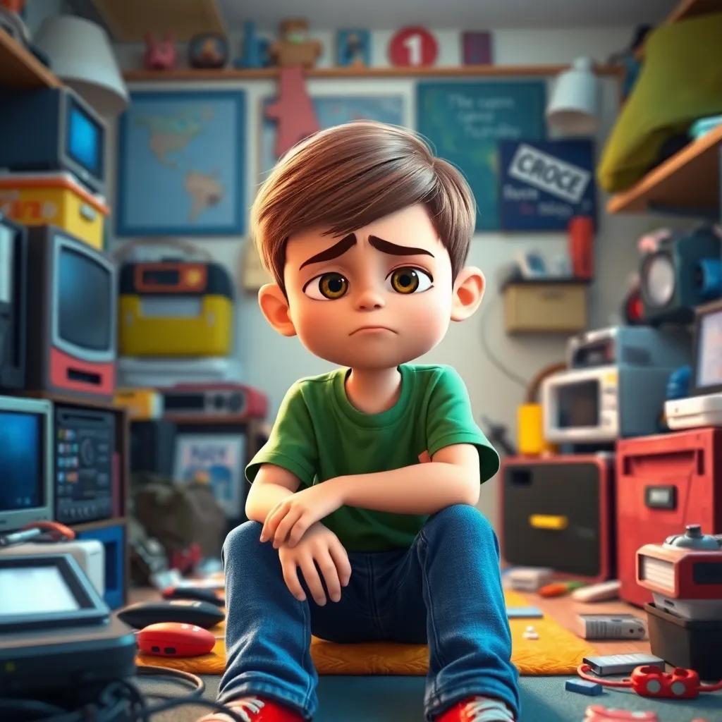 A young boy, Max, with short brown hair wearing a green t-shirt and blue jeans, sitting in a messy room surrounded by gadgets, looking tired and grumpy, soft light, colorful, child-friendly, digital art, high quality