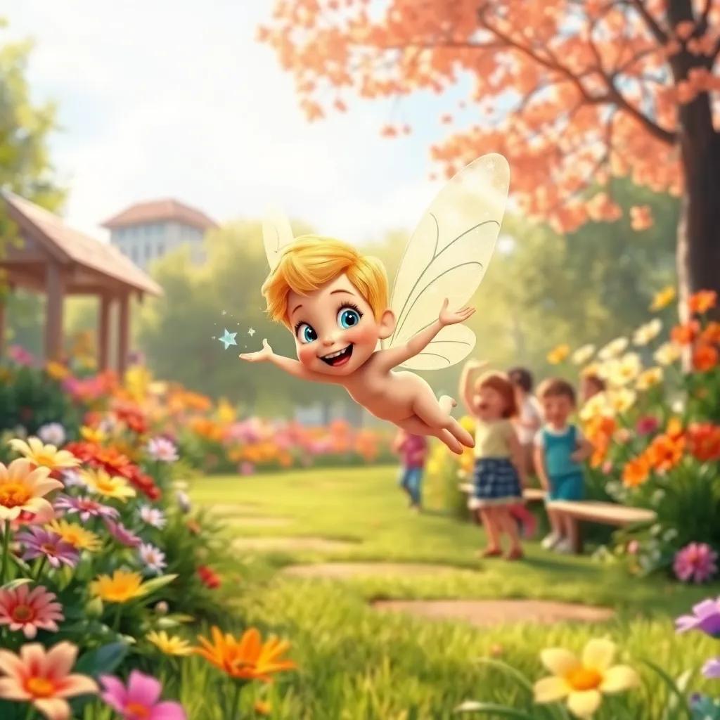 A tiny fairy, Spark, with sparkling wings and a joyful expression, flying around Max outside in a sunlit park filled with colorful flowers, children playing and laughing, vibrant colors, cheerful atmosphere, illustration, high quality