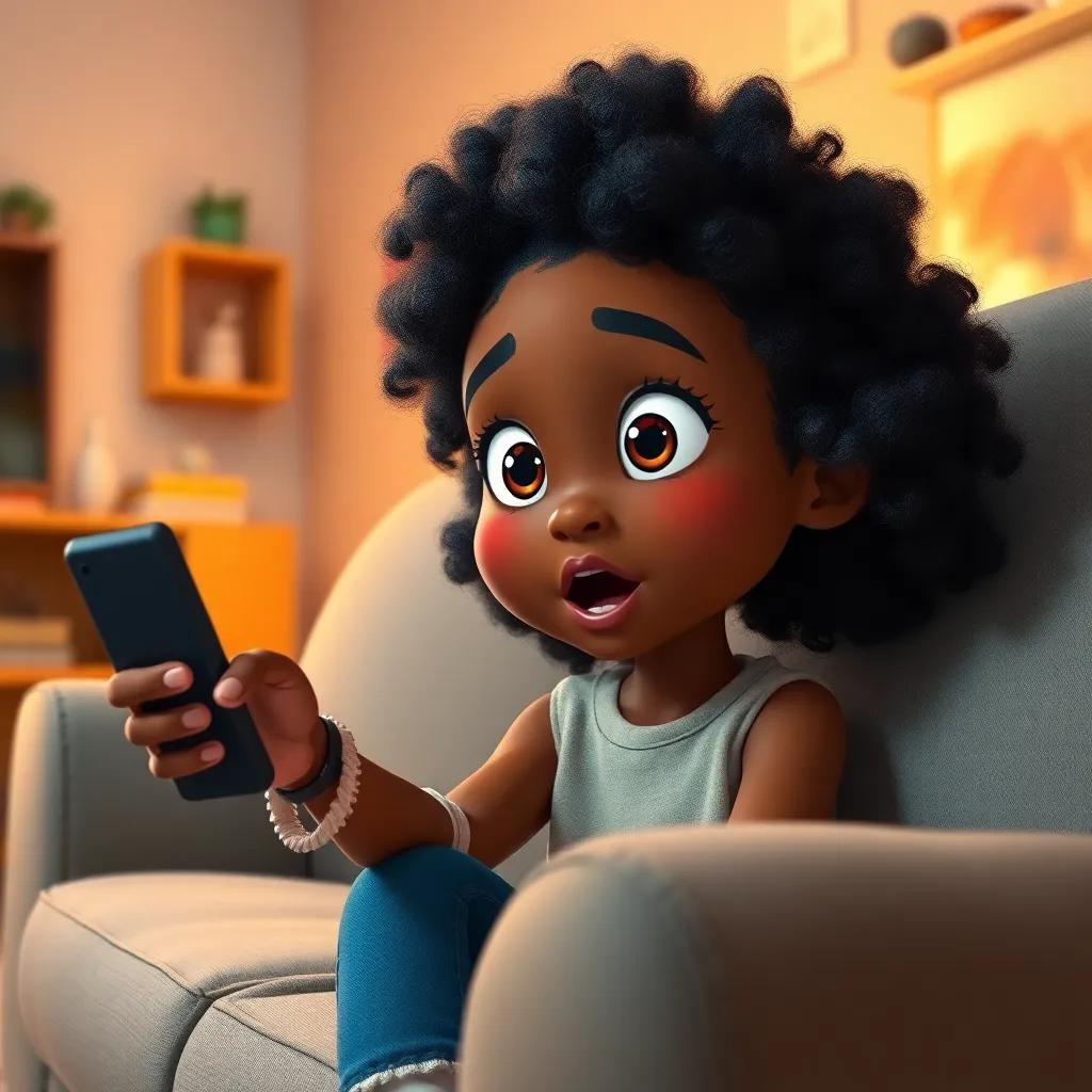 A young black girl named Maya, with curly hair and bright eyes, sitting on a couch looking surprised as a remote moves towards her hand, cozy living room setting, warm light, cheerful colors, inviting atmosphere, high quality