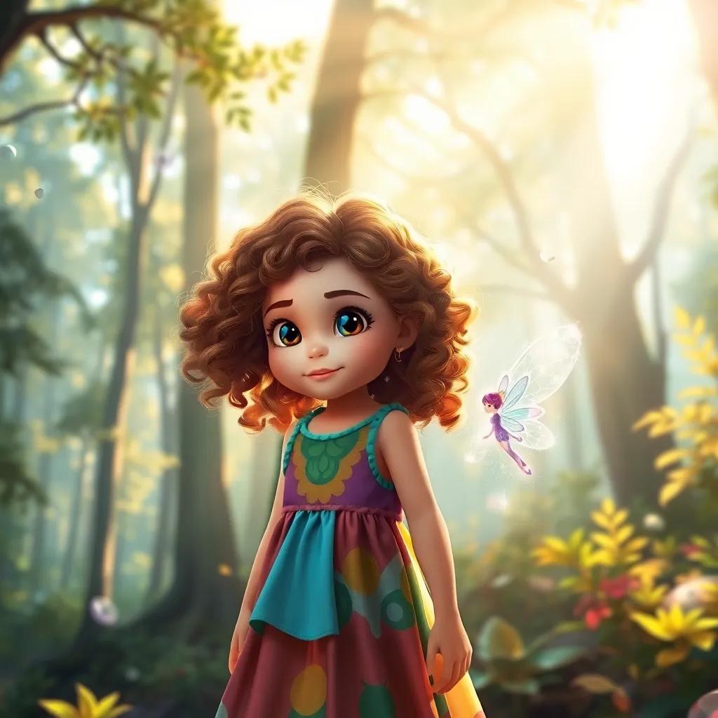 A young girl named Maya with curly brown hair in a colorful dress, now with a tiny fairy, Luna, with sparkling wings flying beside her, standing at the edge of a mystical forest, bright sunlight filtering through trees, vibrant colors, adventurous feel, digital art, child-friendly