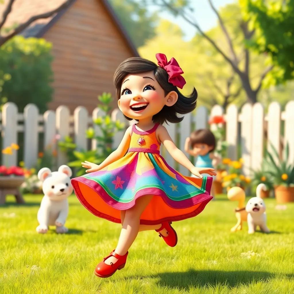 Maya, a young girl with bright red shoes, wearing a colorful twirling dress, laughing and spinning in her sunny backyard surrounded by her friends, vibrant and playful atmosphere, digital art, cheerful colors, joyful scene, high quality