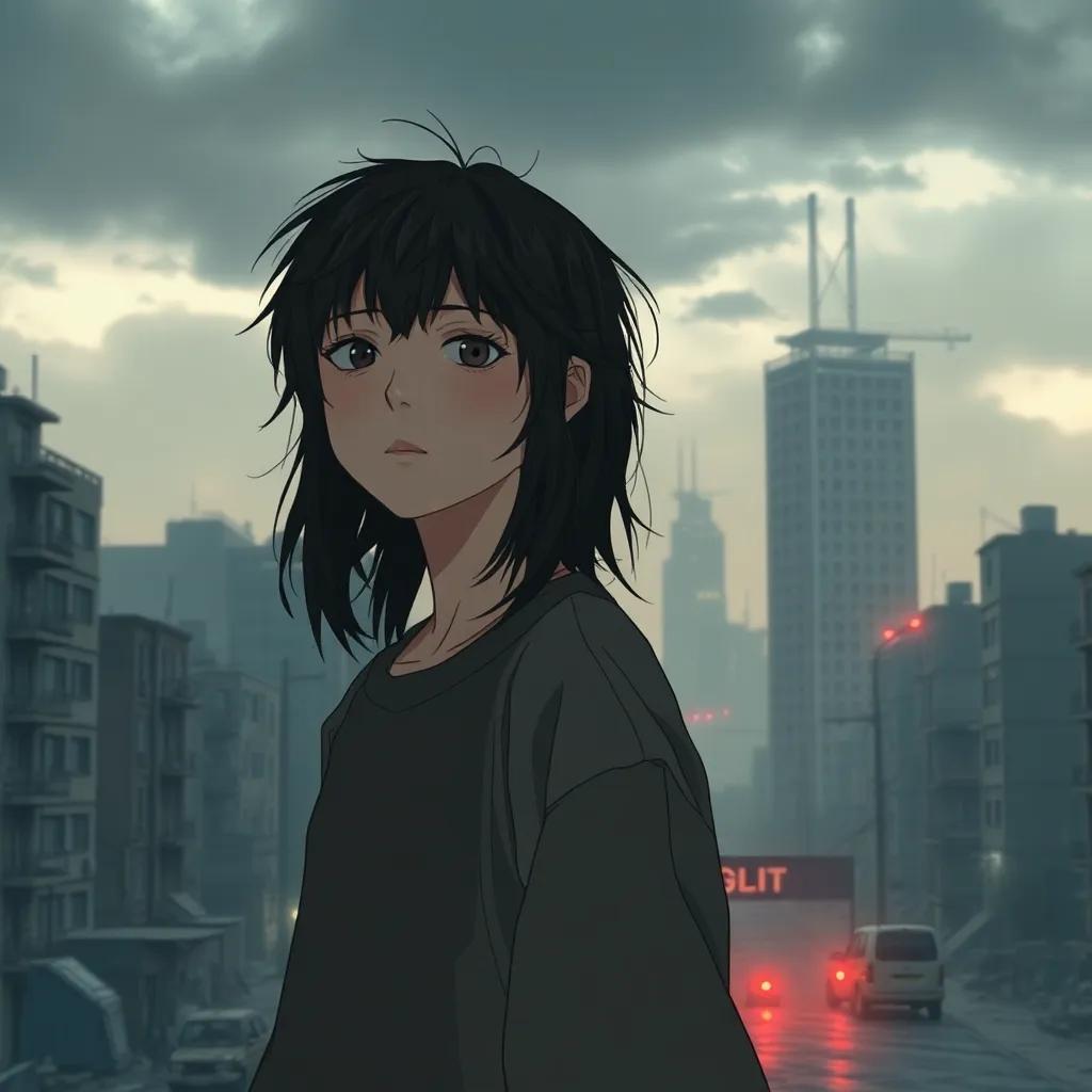 A crumbling metropolis with gray buildings and flickering streetlights, Mays, a quiet teenager with messy black hair and worn-out clothes, standing alone under a cloudy sky, looking sad, digital art, muted colors, somber atmosphere, high quality