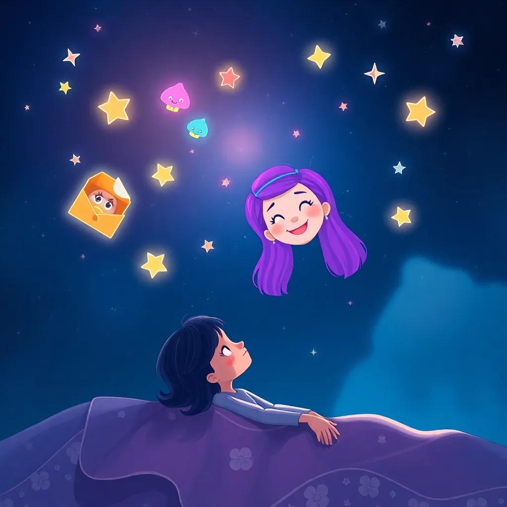 A nighttime scene with Mays dreaming of a girl with bright purple hair and a big smile, surrounded by floating colorful memories, stars twinkling in the night, illustration, magical realism, dreamy and whimsical, child-friendly