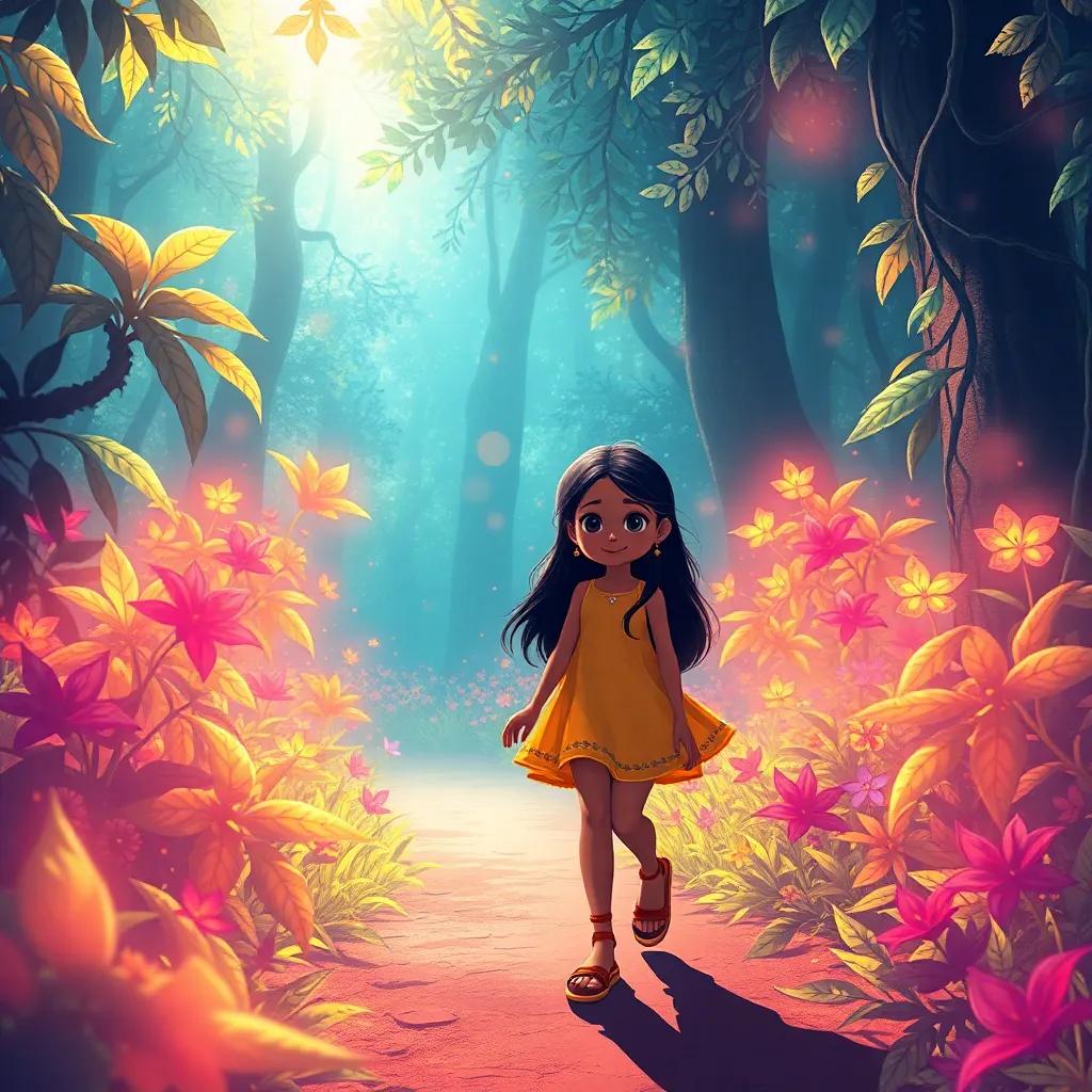 A curious girl named Meena, with long black hair, wearing a bright dress and sandals, wandering through a magical forest filled with shimmering leaves and colorful flowers, sunlight filtering through the canopy, whimsical and enchanting atmosphere