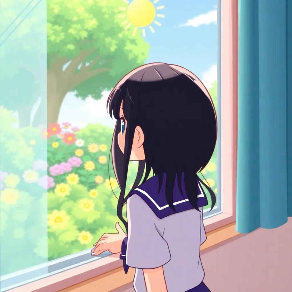 A girl in a school uniform with black hair, looking through a classroom window with curiosity at a sunny garden outside, bright flowers in view, digital art, cheerful colors, inviting atmosphere, high quality