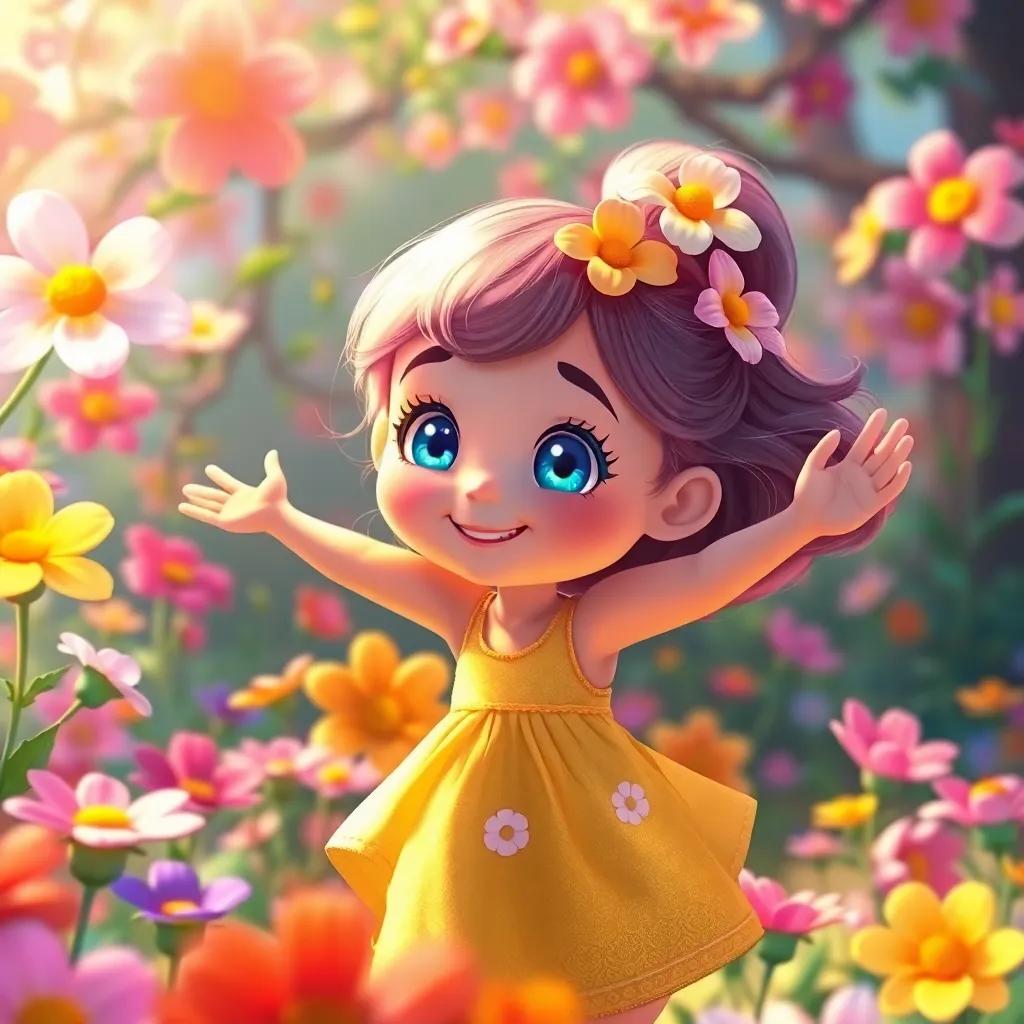Melly, a girl with sparkling blue eyes, dancing with singing flowers in a vibrant land, surrounded by colorful blossoms, cheerful expression, magical atmosphere, vivid colors