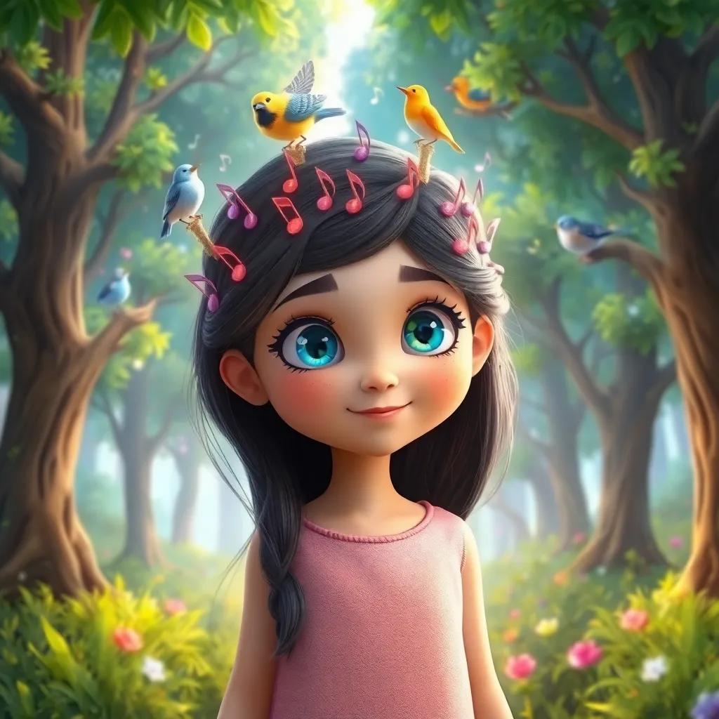 Melly, a girl with sparkling blue eyes, in a magical forest with trees wearing crowns of musical notes and birds chirping in harmony, enchanting scene, lush greenery, bright colors