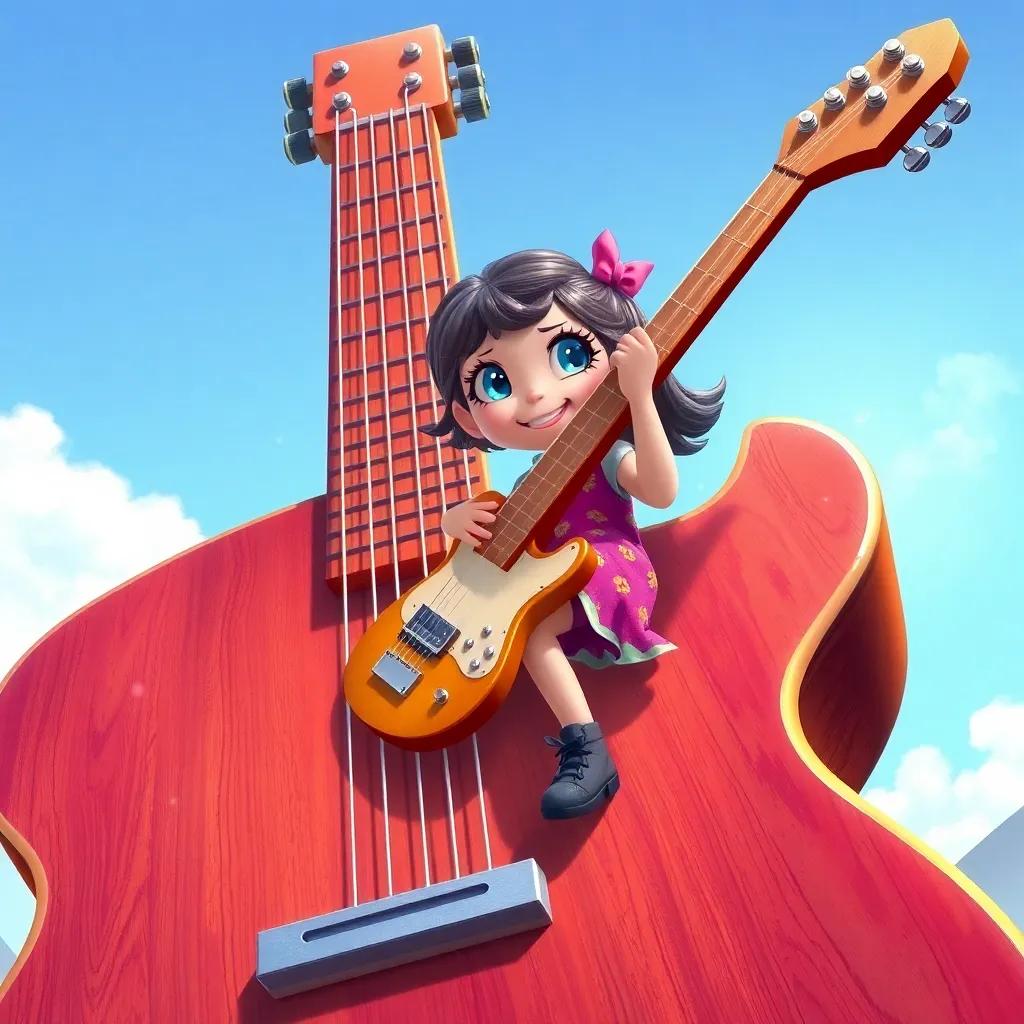 Melly, a girl with sparkling blue eyes, climbing a giant guitar like a building, strumming the strings and creating joyful music, colorful and cheerful, detailed, whimsical