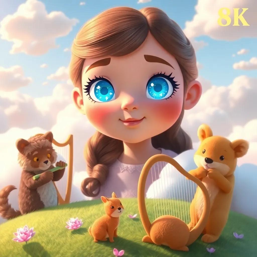 Melly, a girl with sparkling blue eyes, surrounded by fluffy clouds in a dreamy land, with animals playing harps and flutes, soft pastel colors, warm and inviting atmosphere