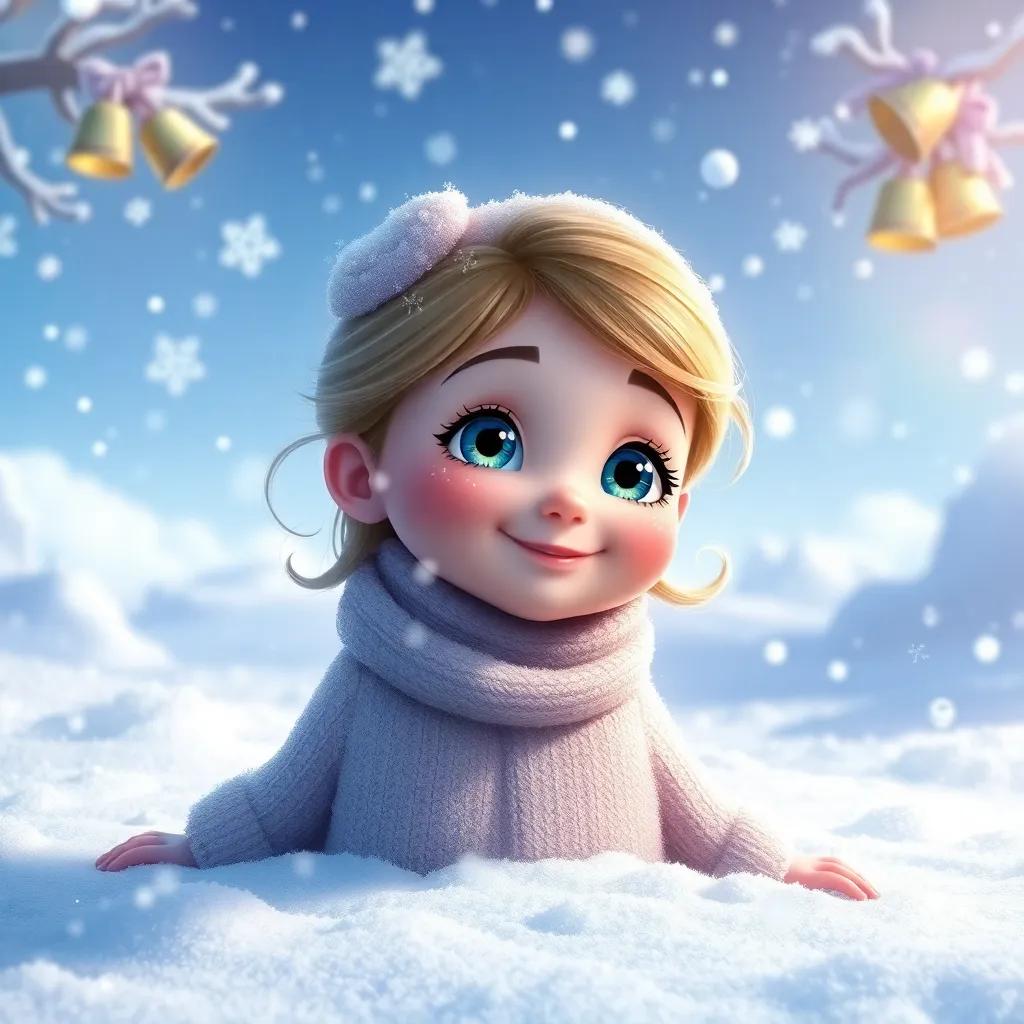 Melly, a girl with sparkling blue eyes, in a snowy wonderland with snowflakes dancing around, making snow angels while listening to jingling bells, magical winter scene, bright and cheerful