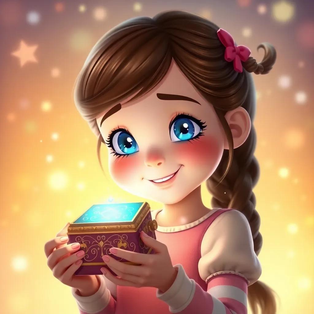 Melly, a girl with sparkling blue eyes, smiling while holding a magical music box close to her heart, with dreamy colors swirling around her, warm and joyful atmosphere