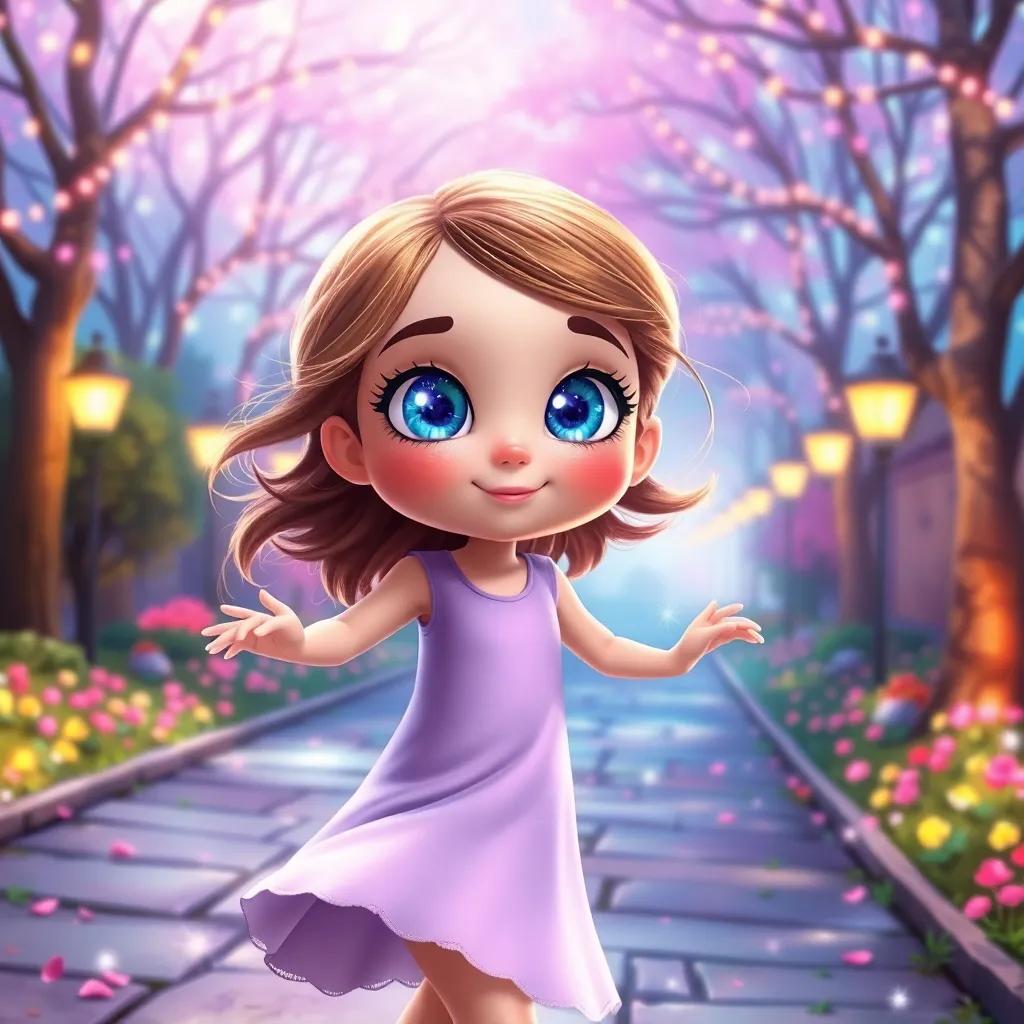 Melly, a girl with sparkling blue eyes, dancing in a park, the park filled with the colors of her imagination, magical light, whimsical and vibrant setting