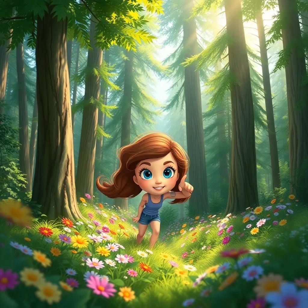 A lush green forest with tall trees and colorful wildflowers, a girl named Melody with wavy brown hair and sparkling blue eyes, venturing through the forest, bright sunlight filtering through the leaves, cheerful atmosphere, vibrant colors, detailed illustration, high quality