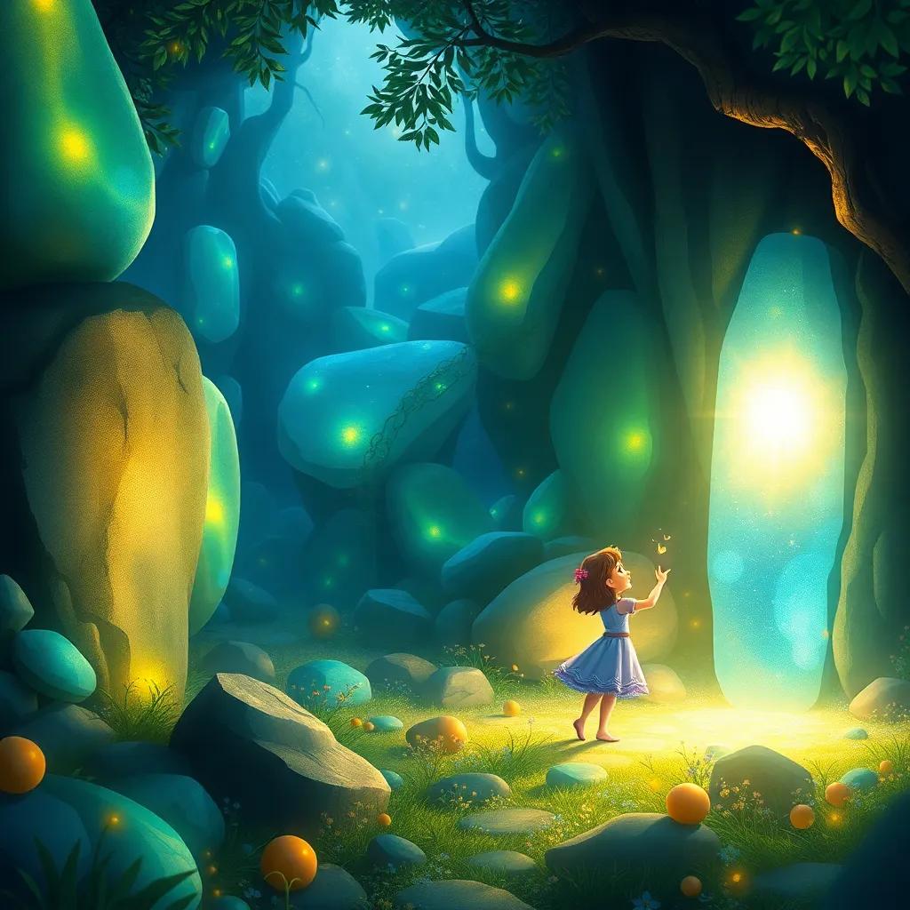A hidden glade filled with shimmering stones glowing in shades of blue, green, and gold, Melody touching a large, sparkling stone that begins to sing, a magical light surrounding her, illustration, enchanting scenery, warm and inviting, high quality