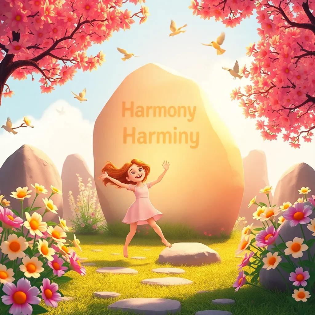 Melody dancing joyfully around the Singing Stones, flowers swaying to the tunes as birds chirp along, the large stone named Harmony glowing brightly, cheerful and vibrant colors, animated style, high quality