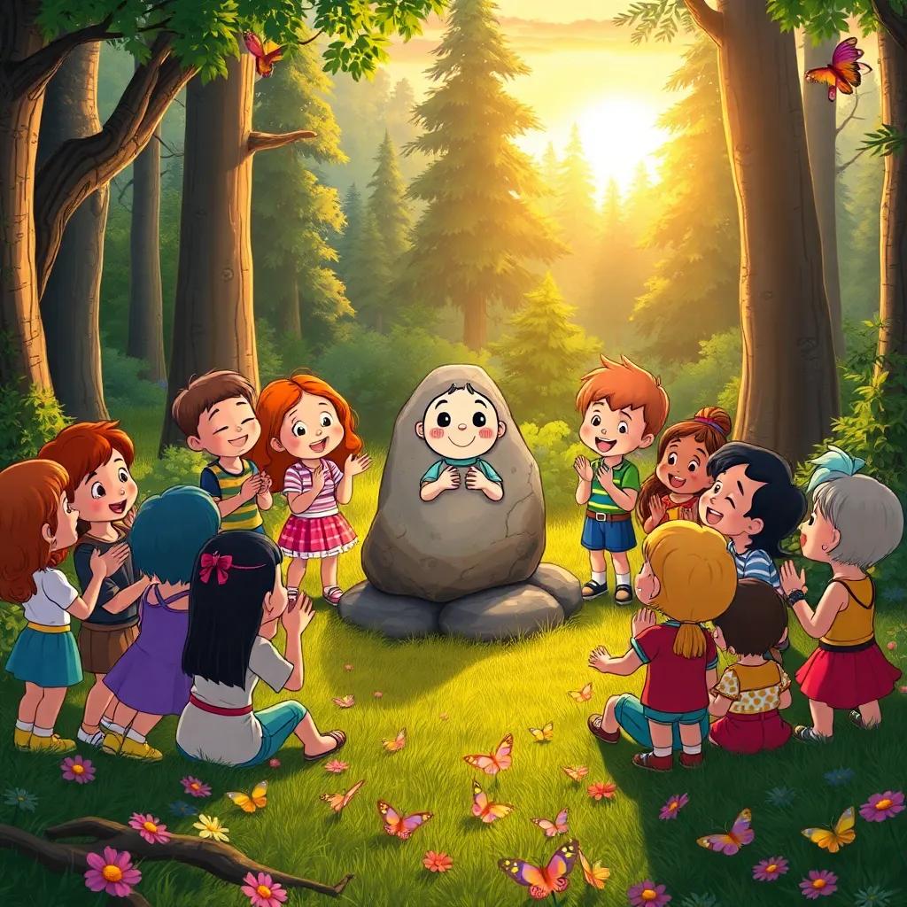 Children gathered around Melody and the Singing Stones in a forest clearing, clapping and singing together with cheerful smiles, colorful butterflies and natural scenery, joyful atmosphere, sunset casting a golden light, high quality illustration