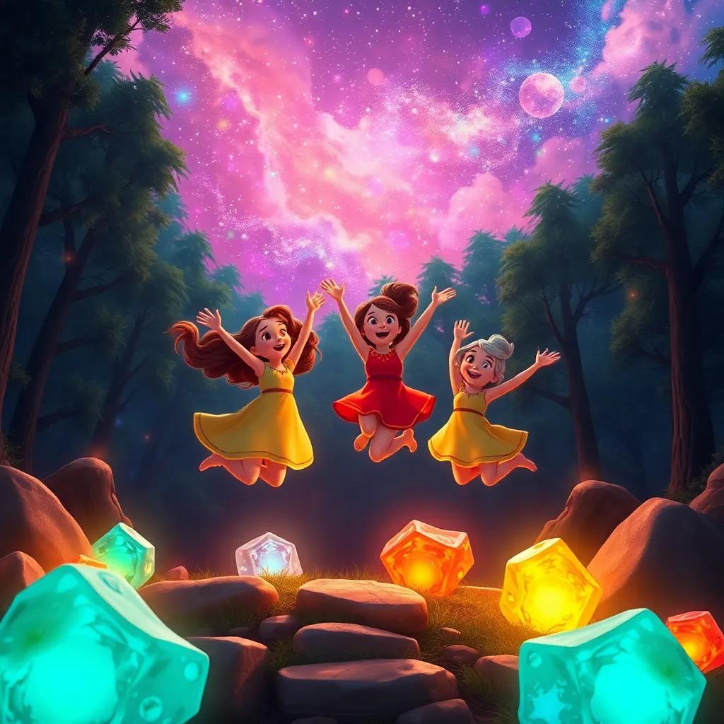 Melody and her friends jumping and twirling joyfully as the stones glow brighter, vibrant colors lighting up the forest, a warm and lively celebration scene, beautiful starry sky overhead, magical artwork, high quality