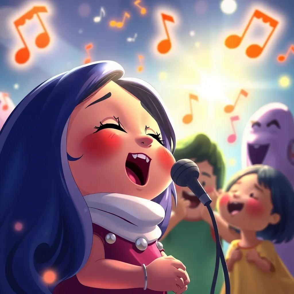 A close-up of Melody singing passionately with friends, vibrant musical notes surrounding them, the Singing Stones glowing brightly in the background, colors bursting with life, detailed and lively illustration, high quality