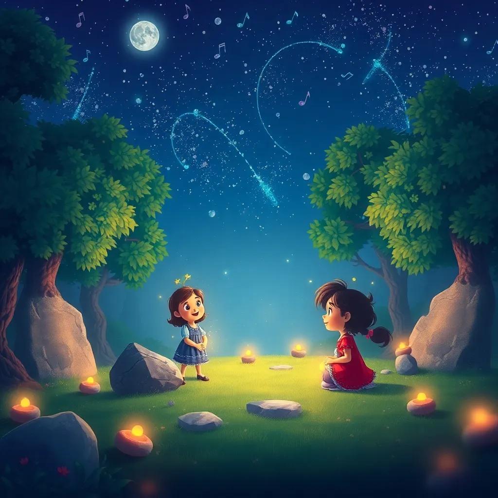 A magical night scene with Melody and her friends under a starlit sky, the Singing Stones glowing in harmony, the forest alive with lights and music, creating an enchanting atmosphere, vibrant colors, high quality illustration