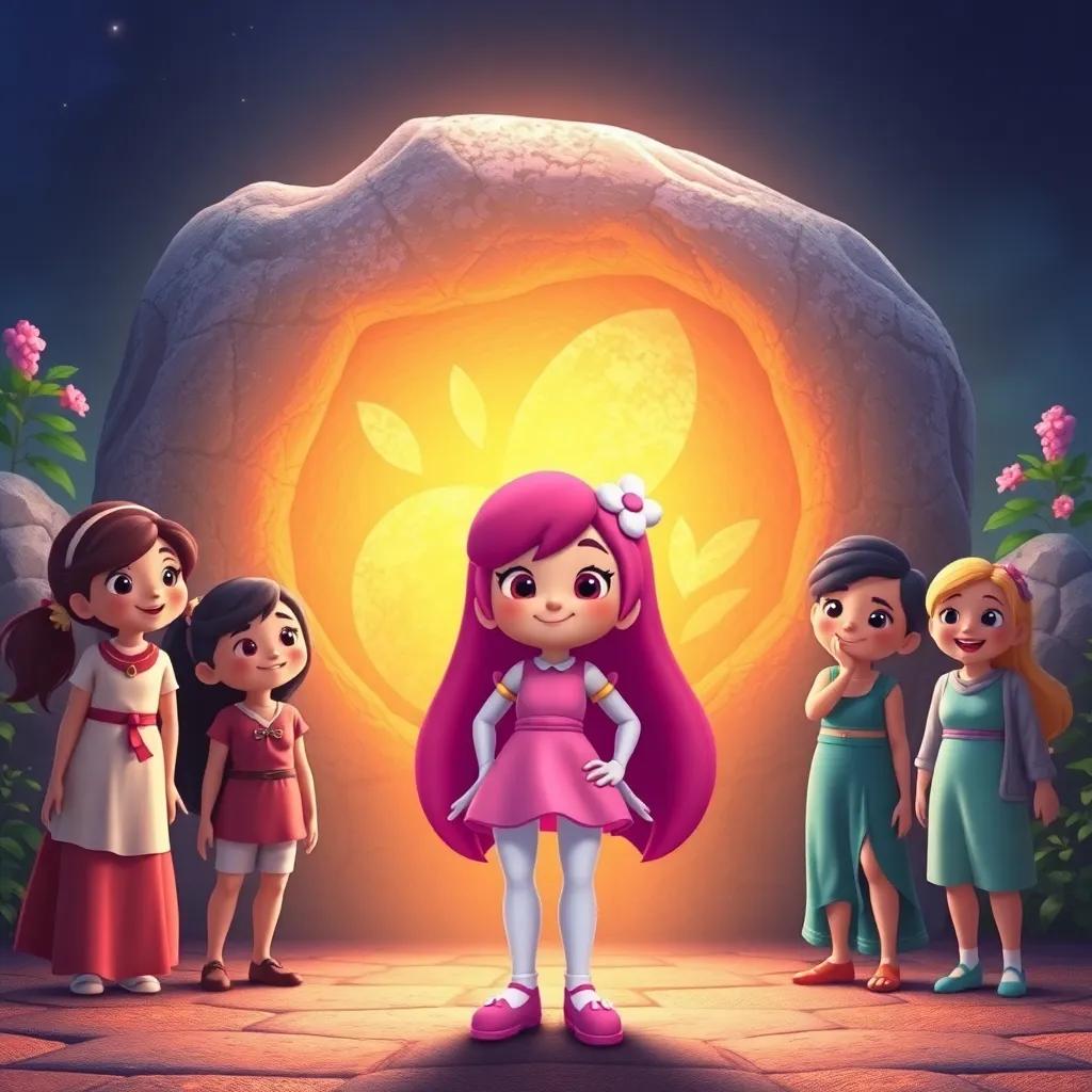 Melody standing proudly in front of the Singing Stones, surrounded by her friends, a warm glow emanating from the stones, friendship and harmony reflected in their joyful faces, enchanting and colorful scene, high quality
