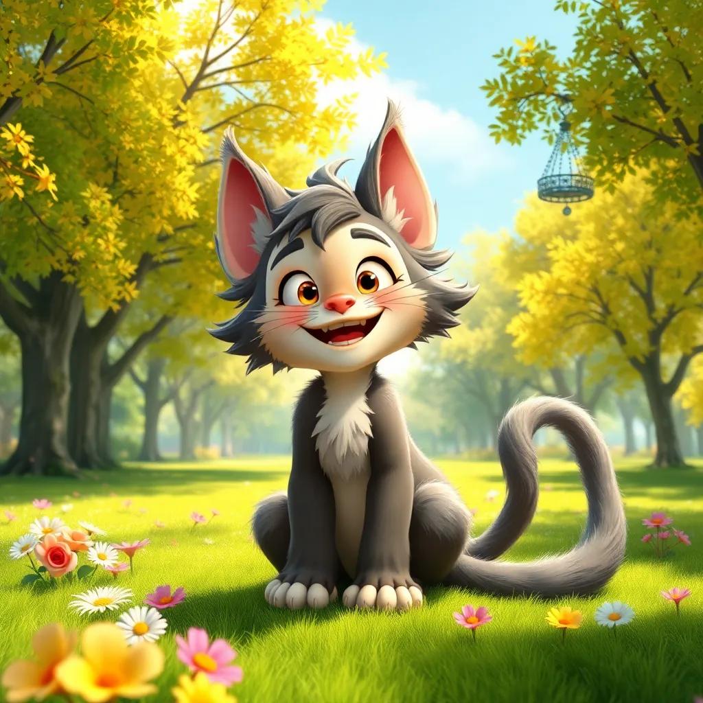 A cheerful boy werecat named Meower with fluffy ears and a long swishy tail, sitting in a sunny park with trees and flowers all around, digital art, bright colors, joyful atmosphere, high quality