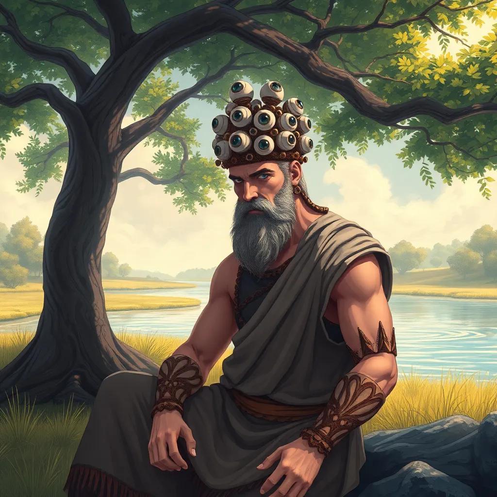 Argus, a tall man with a rugged appearance, wearing a simple, earthy tunic, with a hundred eyes on his head, sitting under a tree, looking vigilant and focused, a serene river scene behind him, digital art, vivid colors, fantasy setting, sharp focus, whimsical