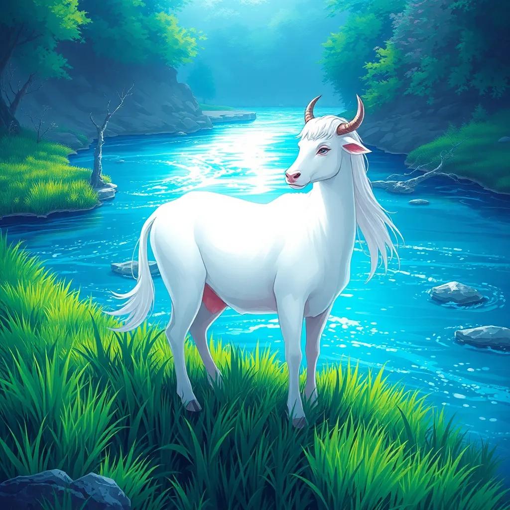 Io, a beautiful river-nymph transformed into a white heifer, standing by a sparkling river, with lush green grass surrounding her, looking longingly at the far bank, illustration, vibrant, enchanting atmosphere, soft light