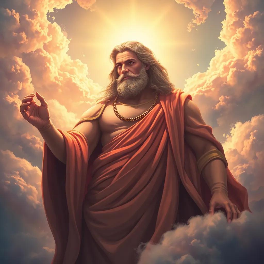 Jupiter, a powerful figure with a majestic aura, wearing a flowing robe, his bright gaze focused thoughtfully, surrounded by clouds in a heavenly setting, digital painting, ethereal, divine colors, majestic scenery