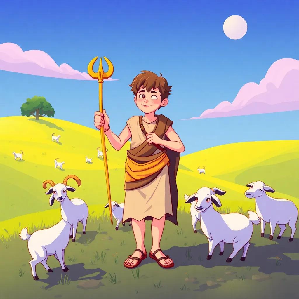 Mercury, a youthful god with a mischievous smile, dressed as a shepherd in a simple tunic and sandals, holding a golden wand, playing a pipe, surrounded by playful goats on a sunny hillside, illustration, cheerful, lively scenery