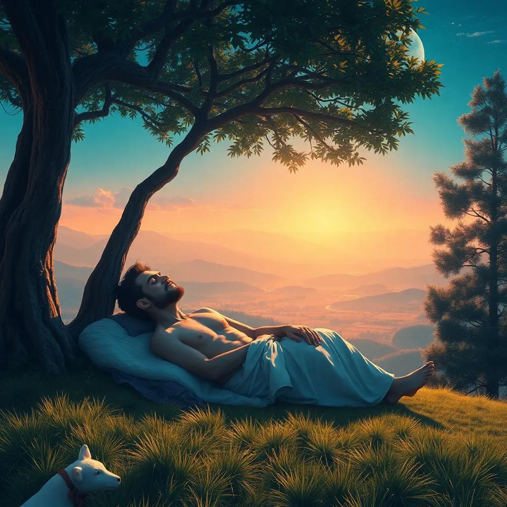Argus, a determined man with a hundred eyes, lounging under a tree, fast asleep with his eyes closed, while Mercury gently leads Io away, the hilltop overlooking a quiet valley, digital art, calm and magical mood, warm light