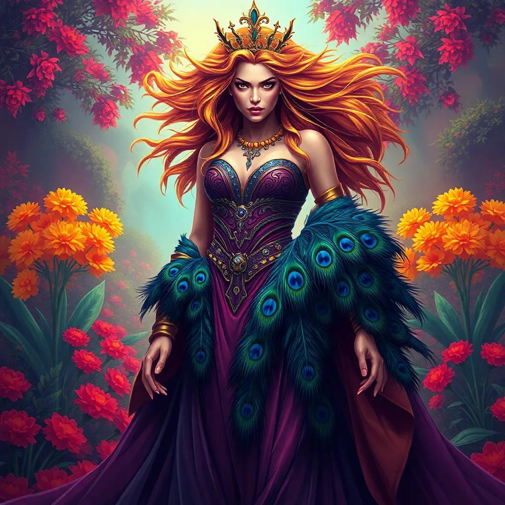 Juno, a regal woman with flowing hair, wearing a magnificent gown adorned with peacock feathers, standing in a beautiful garden, looking angry and commanding, digital painting, vibrant colors, dramatic tone