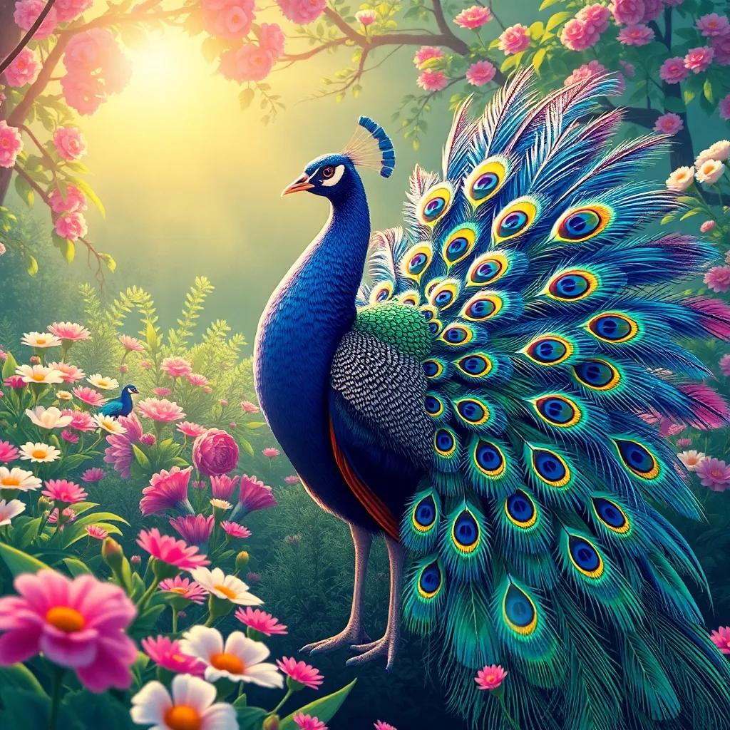 Peacock with colorful tail feathers, shimmering under the sunlight, displaying a myriad of eyes, set in a picturesque garden filled with blooming flowers, illustration, vivid and bright colors, celebrated beauty