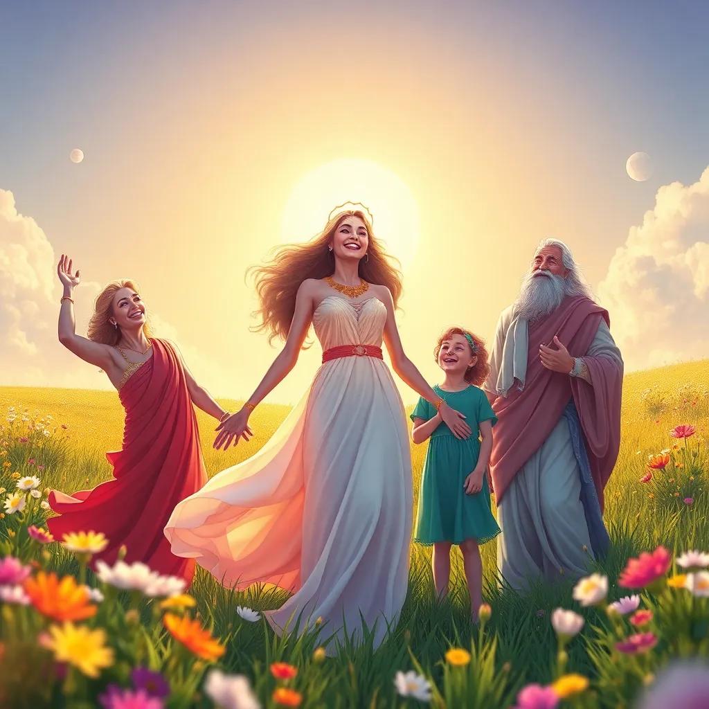 Io, now back in her human form, joyous, wearing a flowing dress, laughing with Mercury and Jupiter, in a sunny meadow, surrounded by flowers and cheering family, digital art, vibrant, hopeful atmosphere, heartwarming