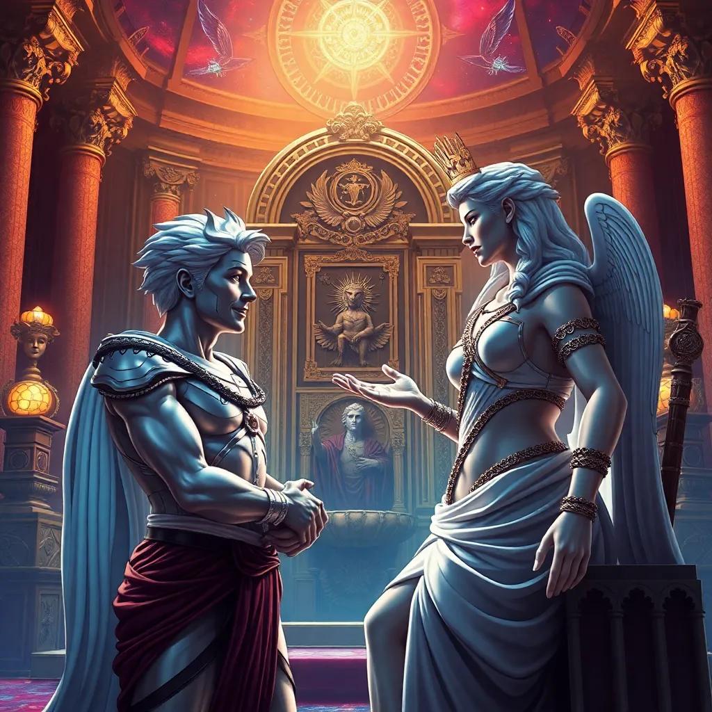 Mercury and Juno in a heated discussion, Mercury with a confident stance and playful smirk, Juno with an air of authority, in a celestial throne room filled with amazing artifacts, digital art, grand and dynamic