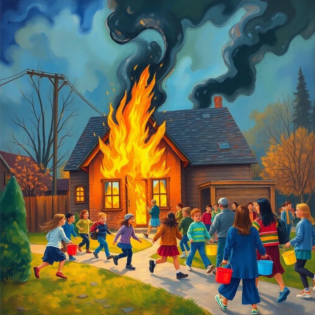 A scene of fire in a neighbor's house, with vibrant flames and dark smoke, neighbors running to help, it’s a busy scene filled with people and water buckets, illustration, colorful, community effort, heartfelt, child-friendly, high quality