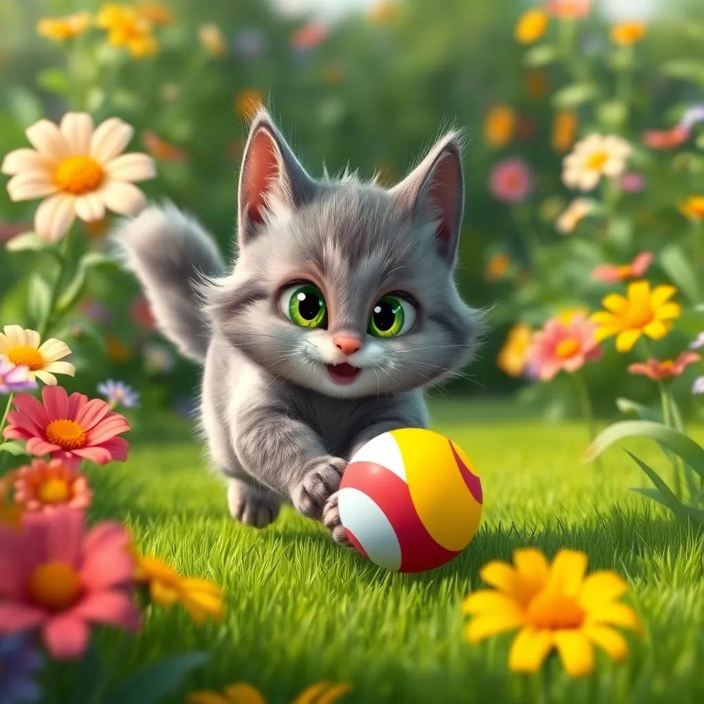 Machín, a fluffy cat with green eyes and gray fur, chasing a colorful ball in a green garden filled with flowers, with Adrián running after him, illustration, playful, bright and fun, high quality