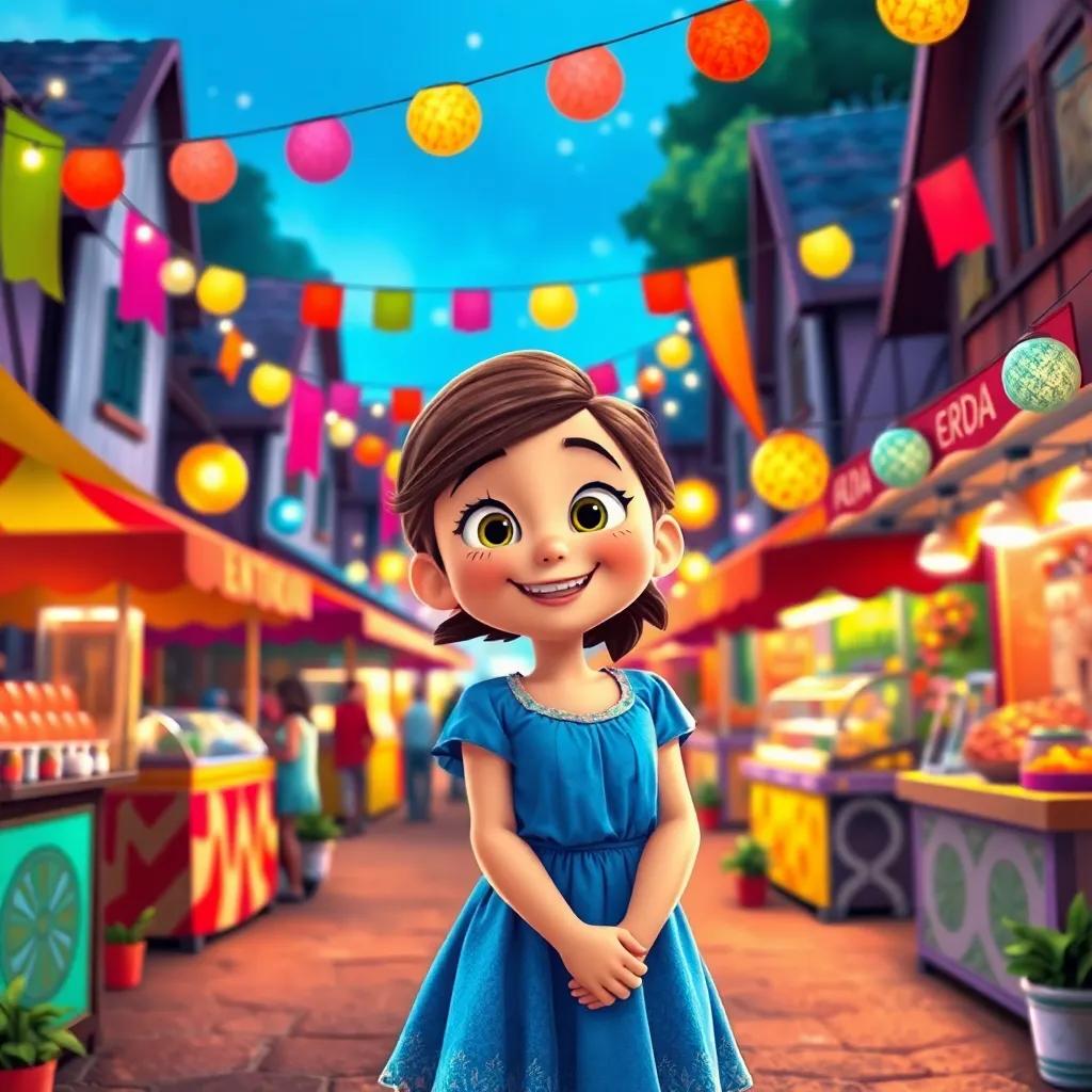 A lively festival scene in the little town of Luminara, with colorful banners, food stalls, and shiny lights, Mia, a curious girl in a blue dress, smiles with excitement, digital art, vibrant colors, cheerful atmosphere, inviting perspective, high quality