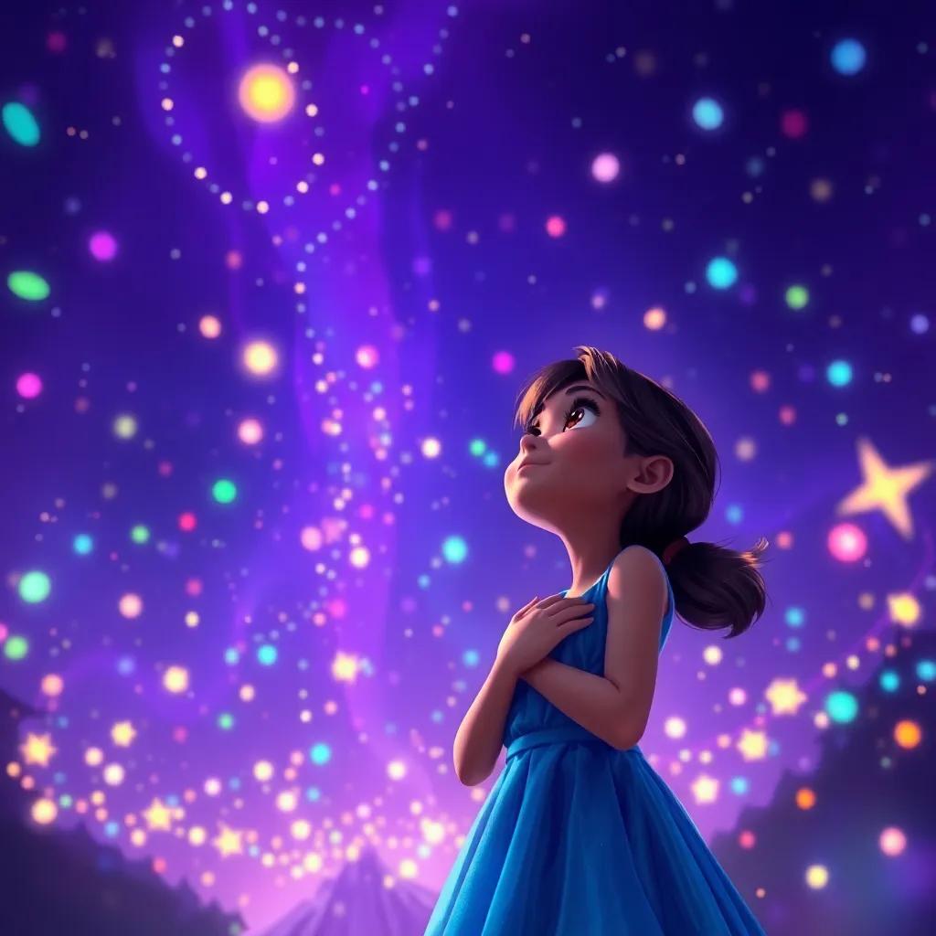 A deep purple night sky filled with colorful lights twirling and swaying, Mia gas ping in awe, wearing her blue dress, surrounded by glowing lights resembling stars, digital painting, magical ambiance, rich colors, engaging perspective, high quality