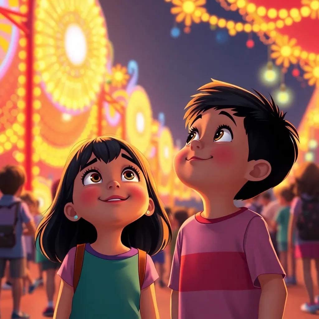 Mia and Leo, two kids looking up in wonder at the dancing lights, with glowing faces and enchanted expressions, the background filled with other children enjoying the festival, illustration, joyful and fun, bright colors, inviting perspective, high quality