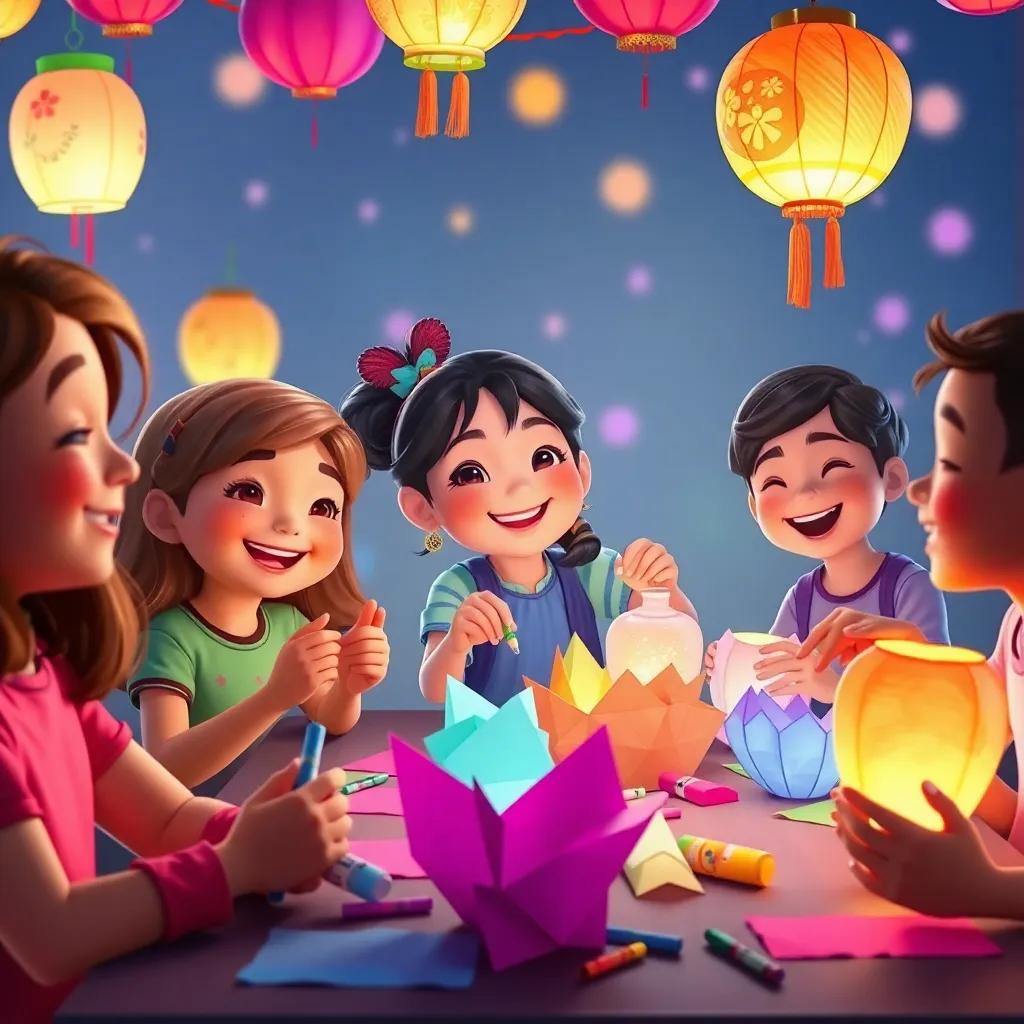 A vibrant crafting scene where Mia and her friends create glowing lanterns using colorful paper and glue, smiles and laughter among them, their lanterns in all shapes and sizes, digital art, warm lighting, colorful atmosphere, child-friendly, high quality