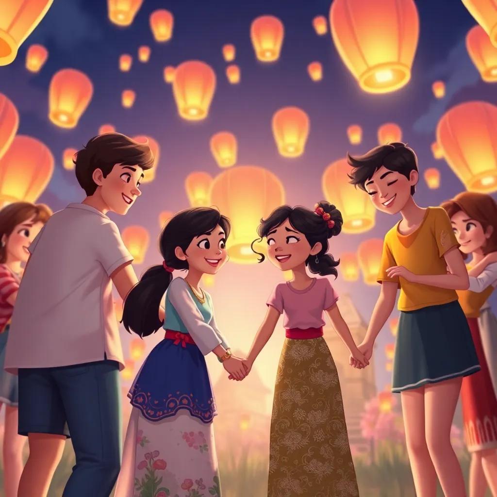 Mia and her friends forming a circle, holding hands, counting down to release lanterns, excitement on their faces with the bright lanterns in the background about to lift off, illustration, lively atmosphere, rich colors, cheerful vibe, high quality